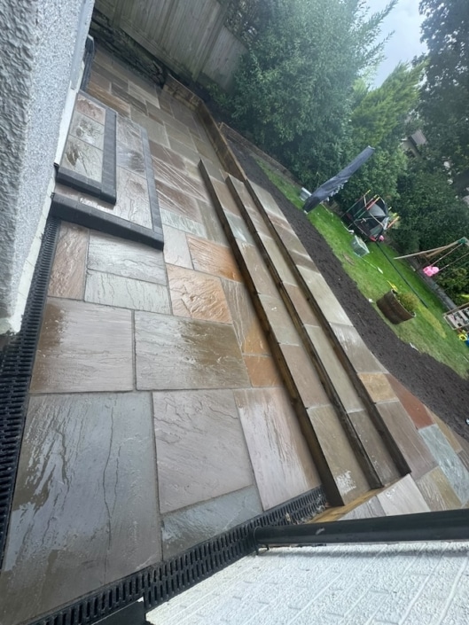 finished sandstone patio for Tom & Vicky in Bamford Rochdale